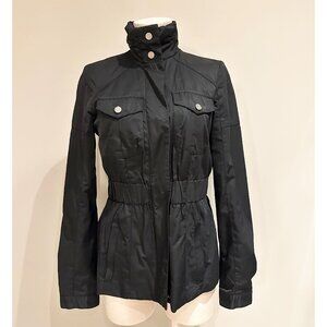 Black Casual Jacket Womans Size Small Full Zip Hidden Hood Elastic Waist